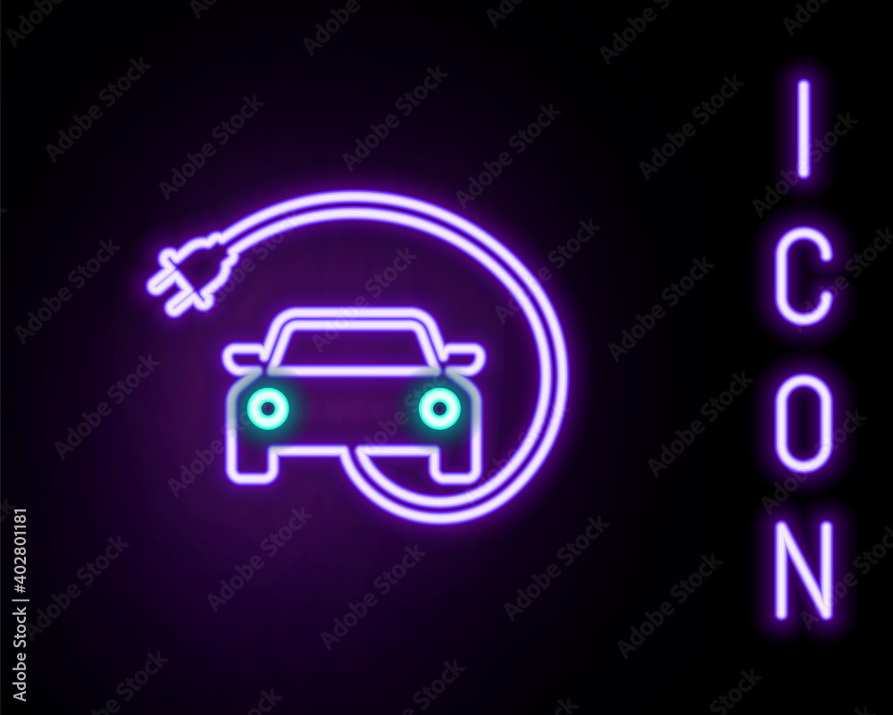 Glowing neon line Electric car and electrical cable plug charging icon isolated on black background. Renewable eco technologies. Colorful outline concept. Vector.