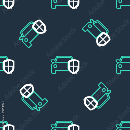 Line Car protection or insurance icon isolated seamless pattern on black background. Protect car guard shield. Safety badge vehicle icon. Security auto label. Vector.