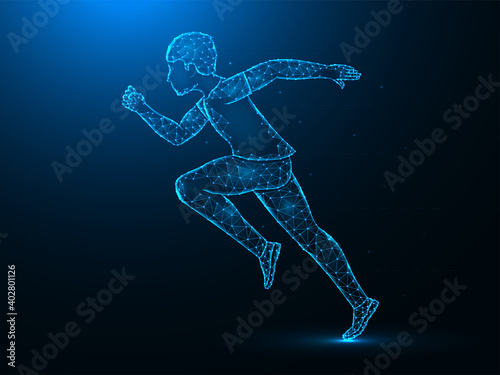 Running man low poly art. Exercise or marathon run polygonal vector illustrations on a blue background.