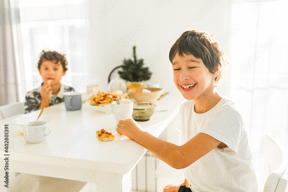 Portrait of smiling boys having breakfast at home two real siblings Portrait of smiling boys having breakfast at home two real siblings
