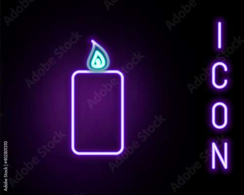 Glowing neon line Burning candle icon isolated on black background. Old fashioned lit candle. Cylindrical aromatic candle stick with burning flame. Colorful outline concept. Vector.