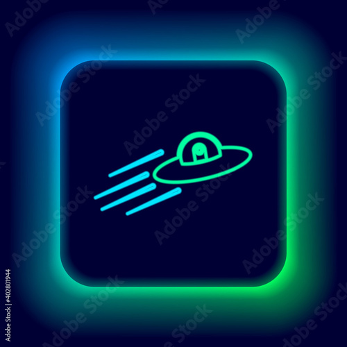 Glowing neon line UFO flying spaceship and alien icon isolated on black background. Flying saucer. Alien space ship. Futuristic unknown flying object. Colorful outline concept. Vector.