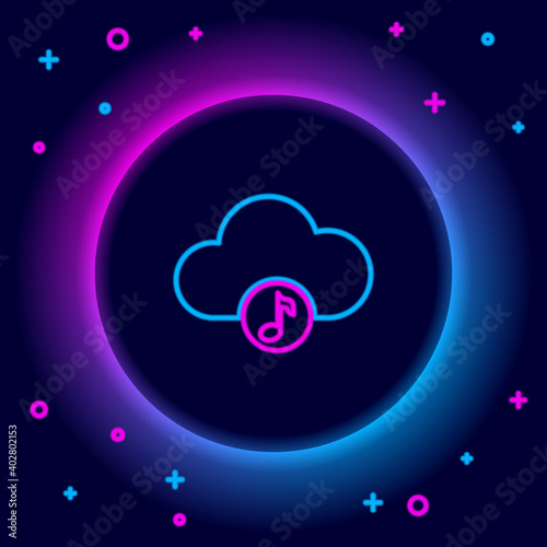 Glowing neon line Music streaming service icon isolated on black background. Sound cloud computing, online media streaming, online song, audio wave. Colorful outline concept. Vector.
