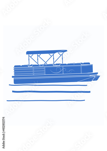 Editable Isolated Flat Monochrome Style Semi-Oblique Side View Pontoon Boat on Calm Water Vector Illustration with Blue Color for Artwork Element of Transportation or Recreation Related Design