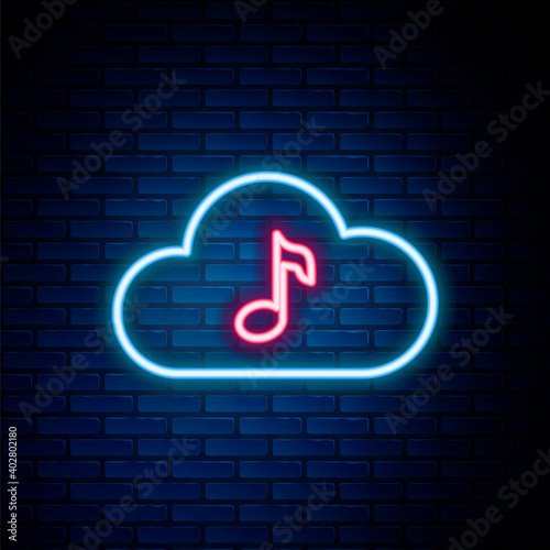 Glowing neon line Music streaming service icon isolated on brick wall background. Sound cloud computing, online media streaming, online song, audio wave. Colorful outline concept. Vector.