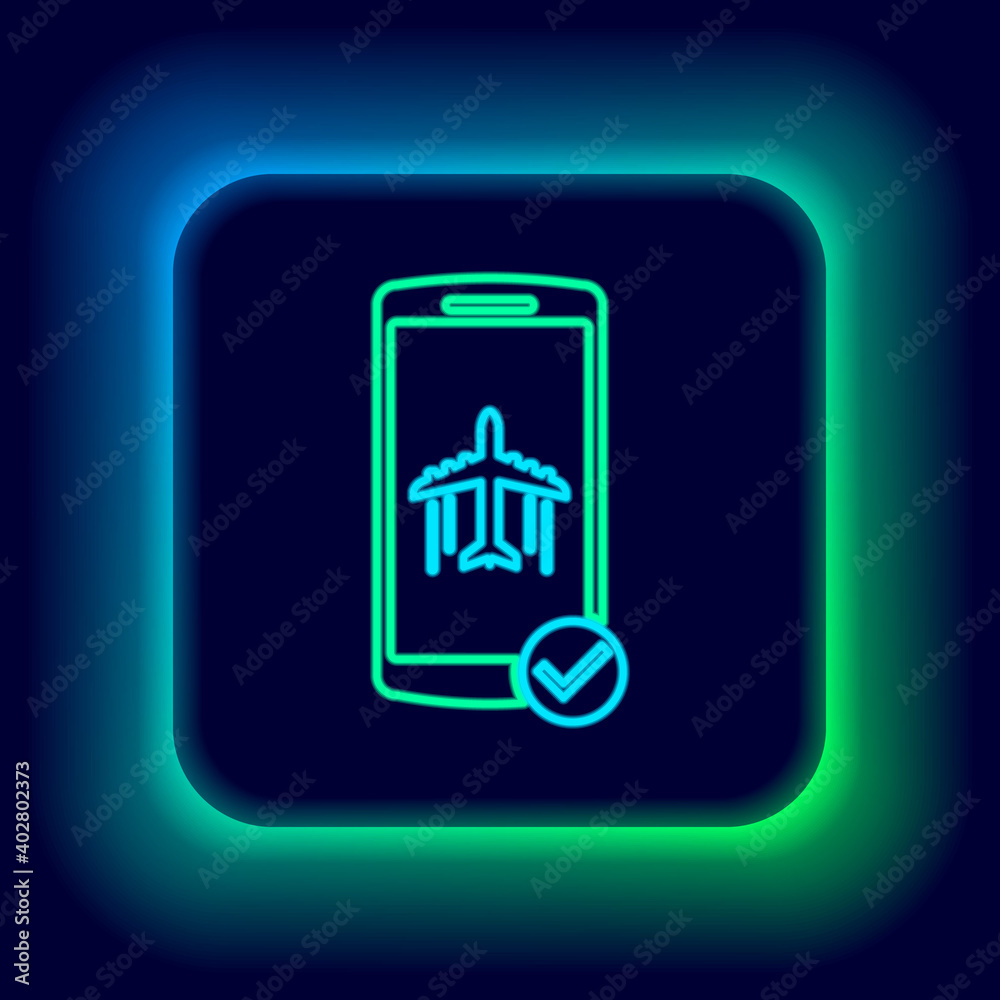 Glowing neon line Flight mode in the mobile phone icon isolated on black background. Airplane or aeroplane flight offline mode passenger regulation airline . Colorful outline concept. Vector. Glowing neon line Flight mode in the mobile phone icon isolated on black background. Airplane or aeroplane flight offline mode passenger regulation airline . Colorful outline concept. Vector.