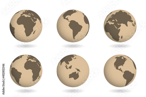 Ancient map on earth globe planet. Historical world 3d design. Vintage brown color land. Vector illustration.
