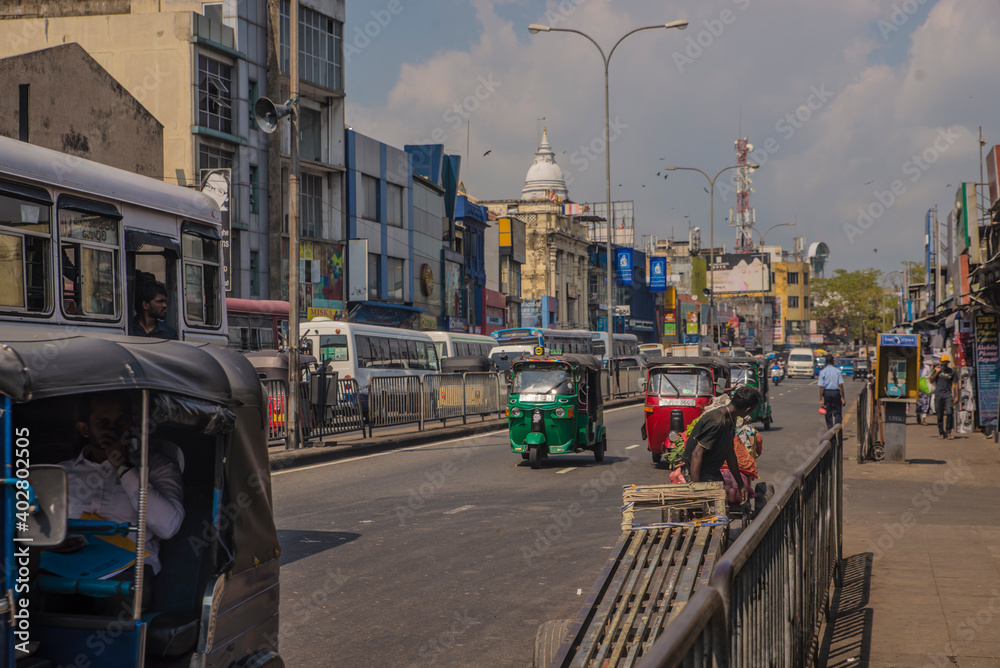 COLOMBO, SRI LANKA - APRIL 03, 2019: Street near the Pettah Market or Manning Market. Pettah Market located in the suburb of Pettah in Colombo, Sri Lanka.