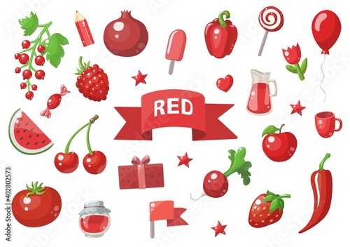 Big set of red vector objects isolated on white. Fruits, vegetables, food, stars, gifts, balloon and other. Good for color learning
