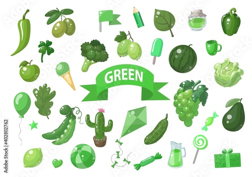 Big set of green vector objects isolated on white. Fruits, vegetables, food, stars, gifts, balloon and other. Good for color learning
