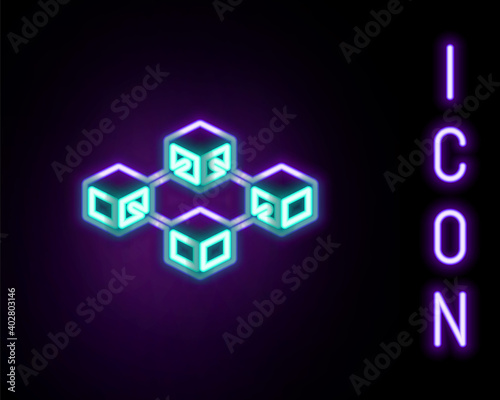 Glowing neon line Blockchain technology icon isolated on black background. Cryptocurrency data. Abstract geometric block chain network technology business. Colorful outline concept. Vector.