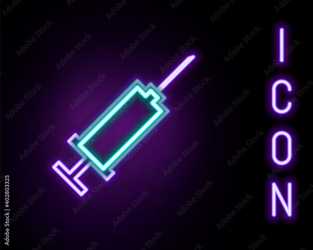 Glowing neon line Syringe icon isolated on black background. Syringe for vaccine, vaccination, injection, flu shot. Medical equipment. Colorful outline concept. Vector.