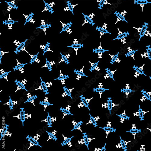 Line Crossed syringe icon isolated seamless pattern on black background. Syringe for vaccine, vaccination, injection, flu shot. Medical equipment. Vector.
