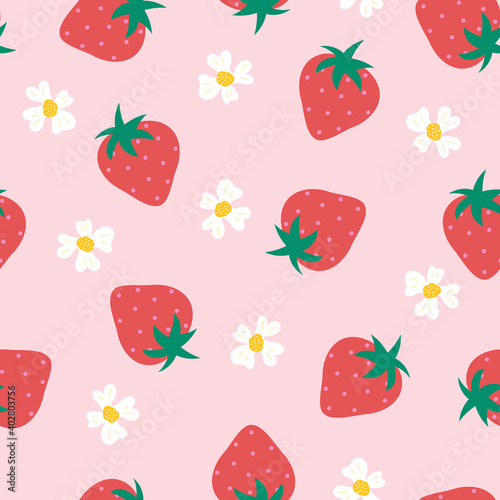 Strawberry flowers seamless vector pattern. Repeating background with summer fruit on pink. Use for fabric, gift wrap, packaging.