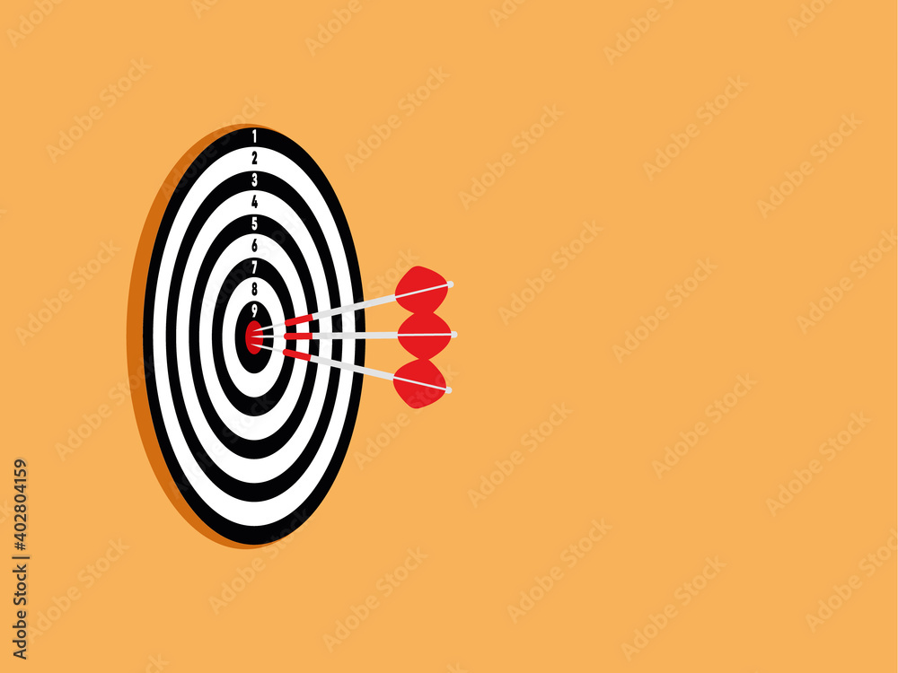 Original circular dartboard. Three Arrows hitting the center of target, Business concept. Target with arrow in center. Goal setting. Smart goal. Business target concept. Achievement and success. Original circular dartboard. Three Arrows hitting the center of target, Business concept. Target with arrow in center. Goal setting. Smart goal. Business target concept. Achievement and success.