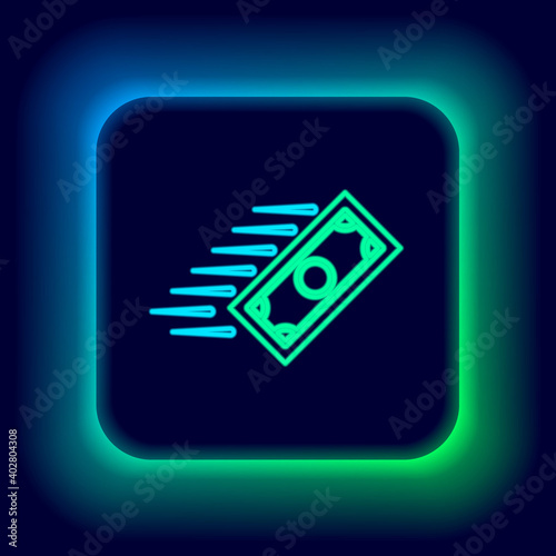 Glowing neon line Fast payments icon isolated on black background. Fast money transfer payment. Financial services, fast loan, time is money, cash back concept. Colorful outline concept. Vector.