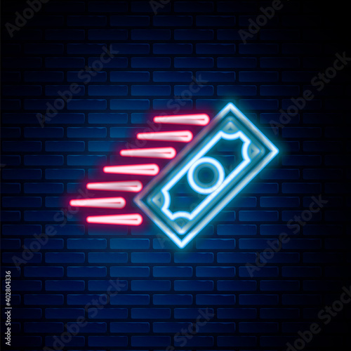 Glowing neon line Fast payments icon isolated on brick wall background. Fast money transfer payment. Financial services, fast loan, time is money, cash back concept. Colorful outline concept. Vector.