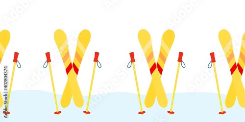 Seamless border Skis and poles. Repeating pattern of skiing equipment. Horizontal winter sport border. Use as banner, footer, card decor, flyer, fabric trim.