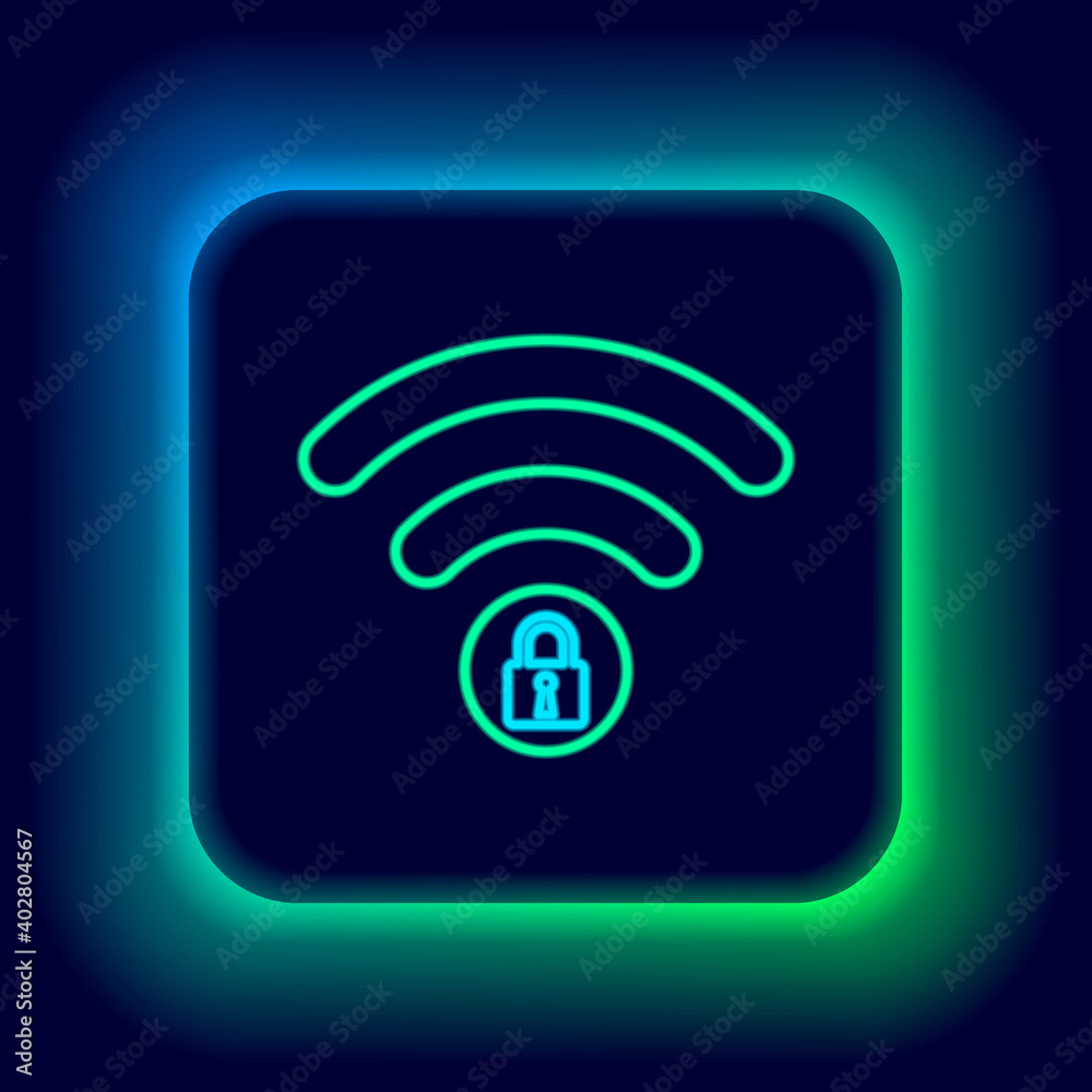 Glowing neon line Wifi locked sign icon isolated on black background. Password Wi-fi symbol. Wireless Network icon. Wifi zone. Colorful outline concept. Vector.