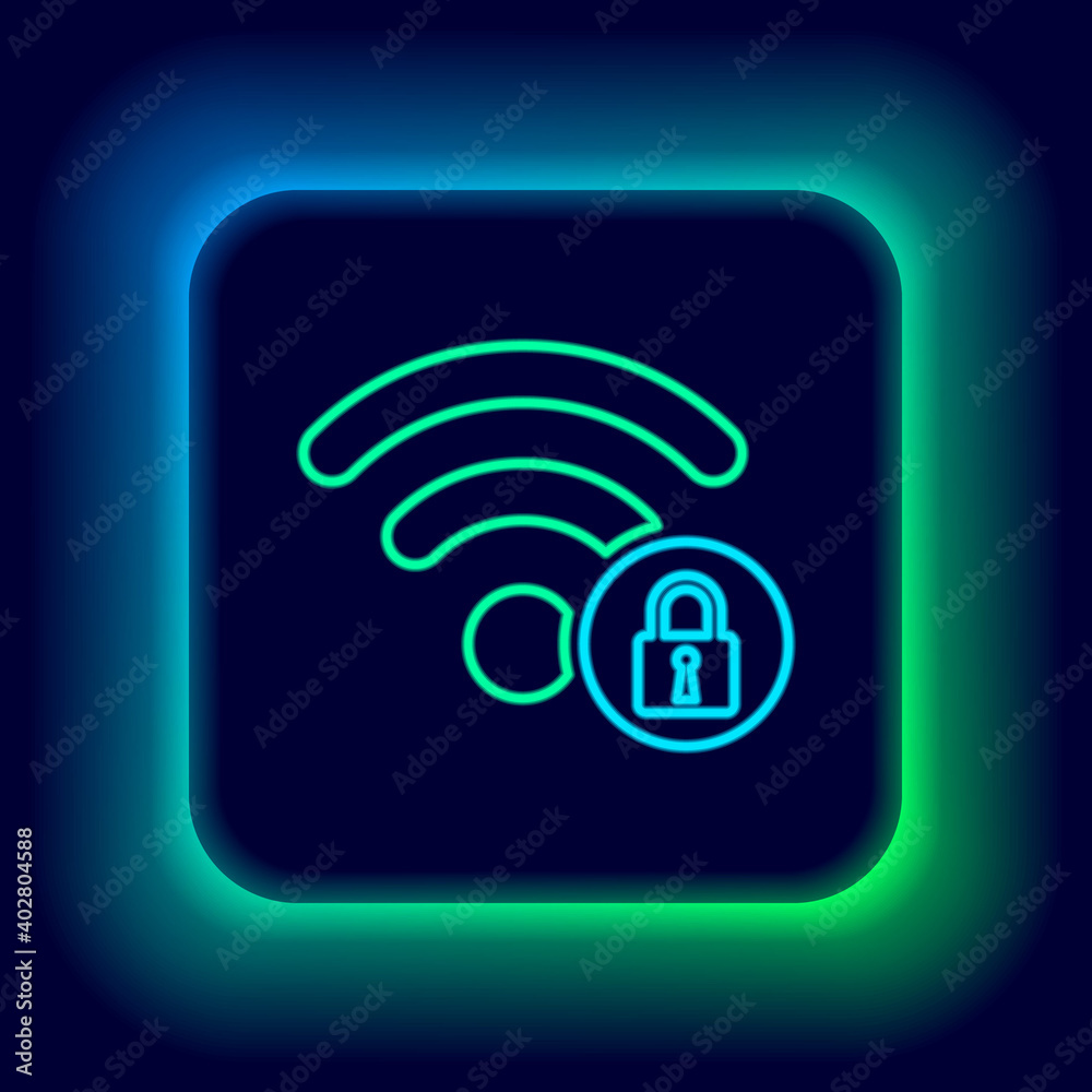 Glowing neon line Wifi locked sign icon isolated on black background. Password Wi-fi symbol. Wireless Network icon. Wifi zone. Colorful outline concept. Vector. Glowing neon line Wifi locked sign icon isolated on black background. Password Wi-fi symbol. Wireless Network icon. Wifi zone. Colorful outline concept. Vector.