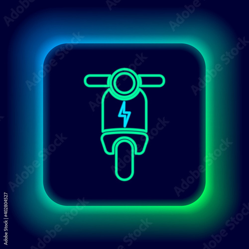 Glowing neon line Electric scooter icon isolated on black background. Colorful outline concept. Vector.