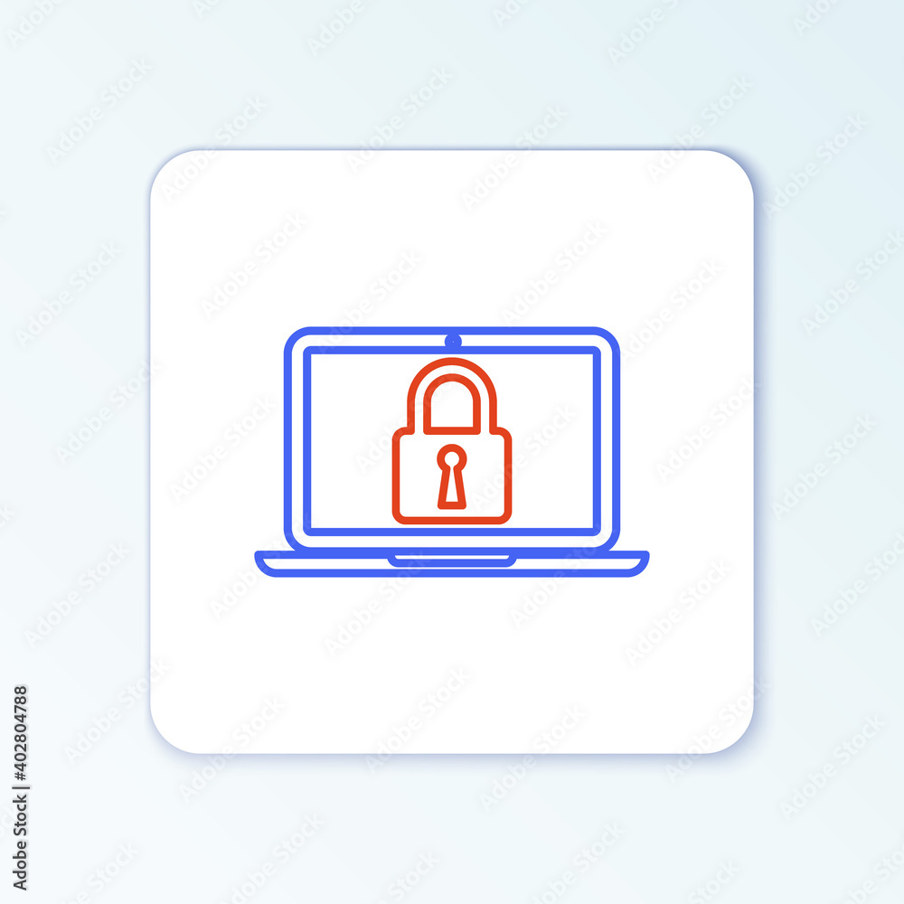 Line Laptop and lock icon isolated on white background. Computer and padlock. Security, safety, protection concept. Safe internetwork. Colorful outline concept. Vector. Line Laptop and lock icon isolated on white background. Computer and padlock. Security, safety, protection concept. Safe internetwork. Colorful outline concept. Vector.