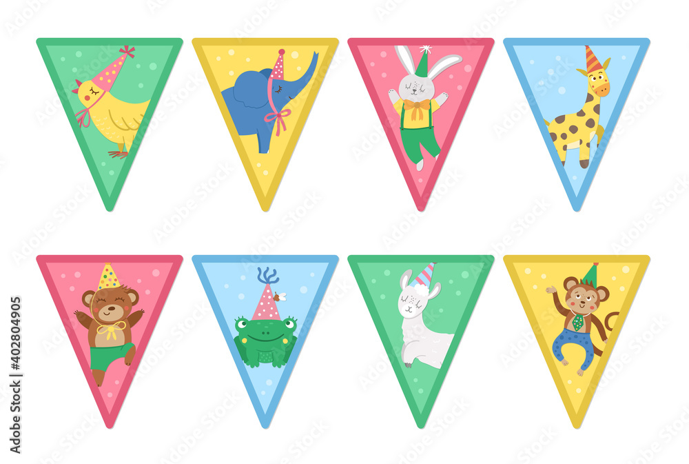 Set of Birthday party templates with cute animals. Anniversary triangle flags collection. Bright pre-made holiday event designs for kids. Pack of decorations for candy bar.