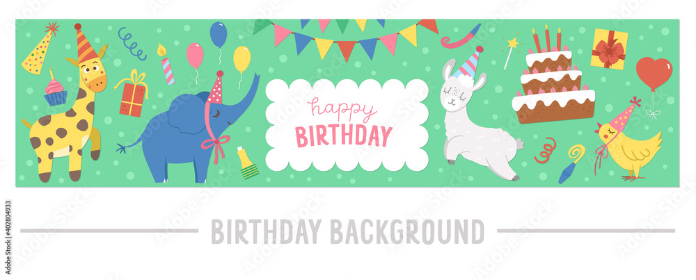 Vector horizontal frame with happy Birthday elements on green background. Traditional party clipart. Funny design for web banners or posters. Cute festive holiday card template with cute animals..