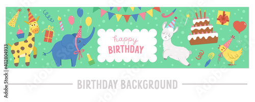 Vector horizontal frame with happy Birthday elements on green background. Traditional party clipart. Funny design for web banners or posters. Cute festive holiday card template with cute animals..