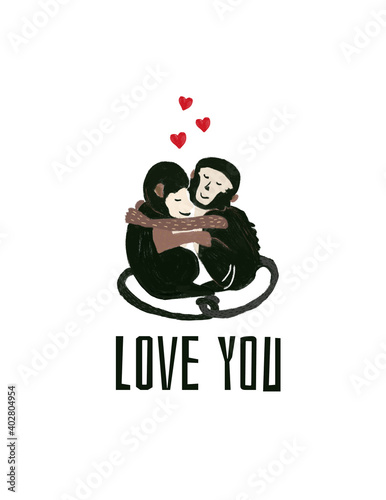 Hugging monkeys Love You card template. Happy valentine day hand painted animal card. Loving ape with hearts. Romantic monkey illustration