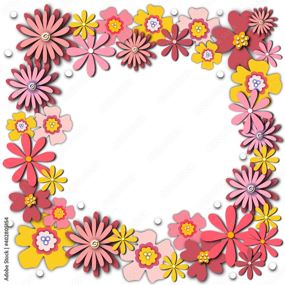 Paper cut flowers frame border. 3d style Background design with papercutting florals pink yellow purple. Collage Border for summer, spring, Easter, Birthday, cards. High quality photo. Paper cut flowers frame border. 3d style Background design with papercutting florals pink yellow purple. Collage Border for summer, spring, Easter, Birthday, cards. High quality photo.