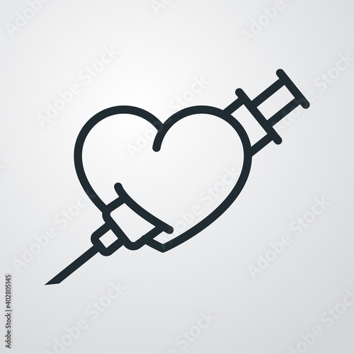 I love Vaccine. Logotipo con corazón atravesado por jeringuilla con lineas en fondo gris