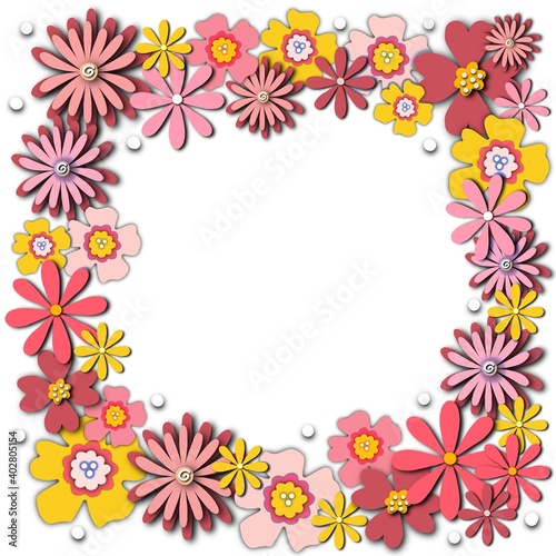Paper cut flowers frame border. 3d style Background design with papercutting florals pink yellow purple. Collage Border for summer, spring, Easter, Birthday, cards. High quality photo.