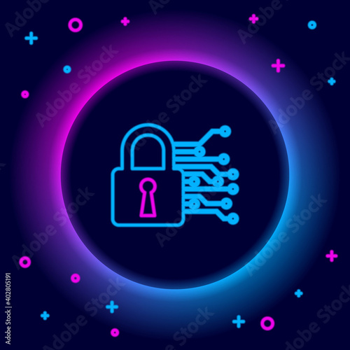 Glowing neon line Cyber security icon isolated on black background. Closed padlock on digital circuit board. Safety concept. Digital data protection. Colorful outline concept. Vector.