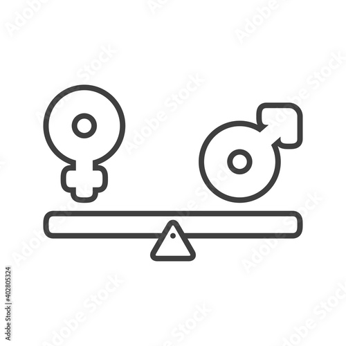 Igualdad de género. Logotipo símbolo femenino y masculino en balanza con lineas en color gris