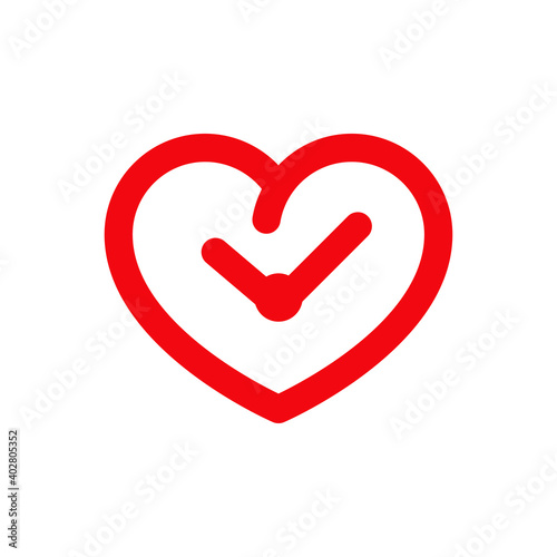 Tiempo de amor. Logotipo corazón con forma de reloj con manecillas con lineas en color rojo
