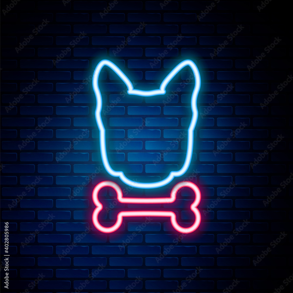Glowing neon line Dog and bone icon isolated on brick wall background. Pets food symbol. Colorful outline concept. Vector. Glowing neon line Dog and bone icon isolated on brick wall background. Pets food symbol. Colorful outline concept. Vector.