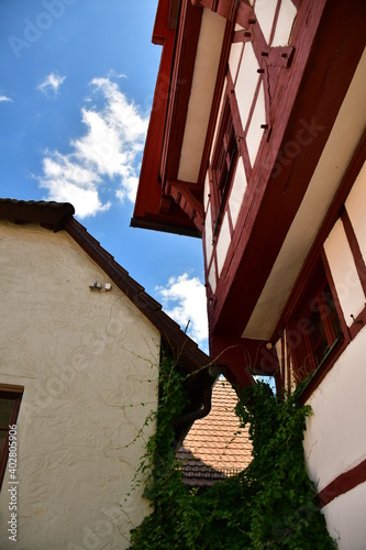 Kante eines Fachwerhauses mit Bewuchs