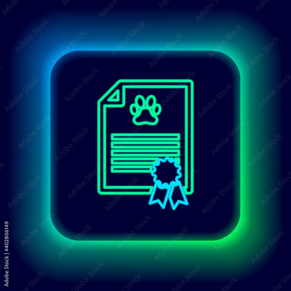 Glowing neon line Medical certificate for travel with dog or cat icon isolated on black background. Document for pet. Dog or cat paw print. Colorful outline concept. Vector. Glowing neon line Medical certificate for travel with dog or cat icon isolated on black background. Document for pet. Dog or cat paw print. Colorful outline concept. Vector.