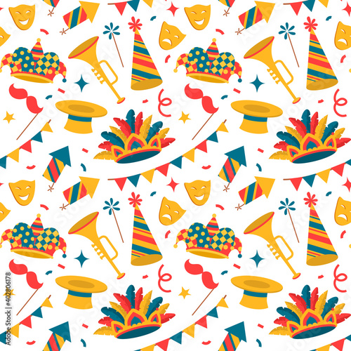 Carnival symbols, seamless pattern,flat style on white background