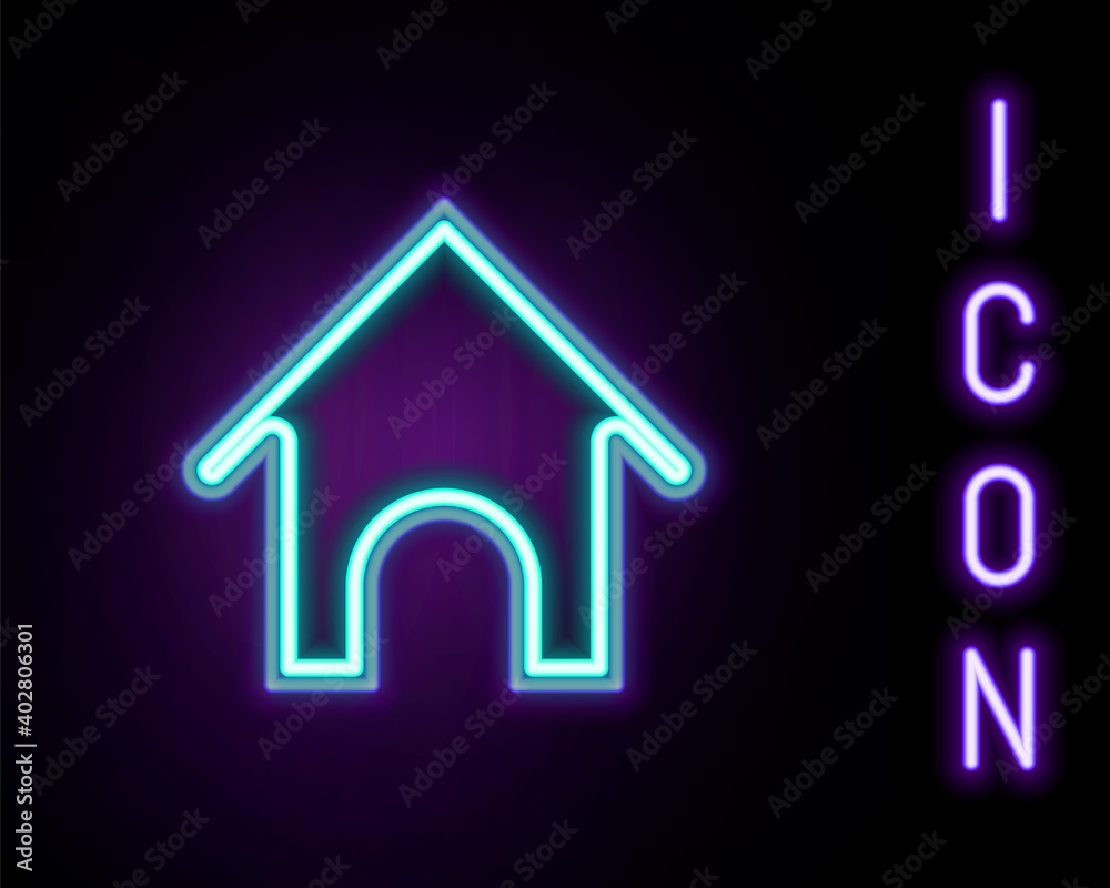Glowing neon line Dog house icon isolated on black background. Dog kennel. Colorful outline concept. Vector. Glowing neon line Dog house icon isolated on black background. Dog kennel. Colorful outline concept. Vector.