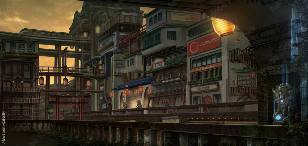 Light City - Sunrise , Anime background , Illustration Light City - Sunrise , Anime background , Illustration