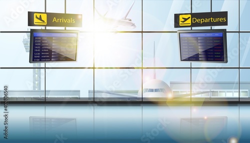 3d realistic vector illustration of airport with planes in the window and flights schedule screens of departure and landing.