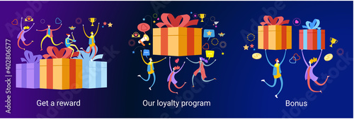 Online reward concept. Digital referral program. People receive a gift box. Web baner for landing page. Template, homepage, poster, ui, coupon, flyer. 3d isometric vector illustration.