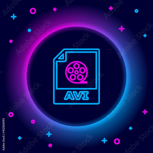 Glowing neon line AVI file document. Download avi button icon isolated on black background. AVI file symbol. Colorful outline concept. Vector.