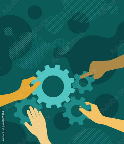 Cartoon hands joining gears into single mechanism