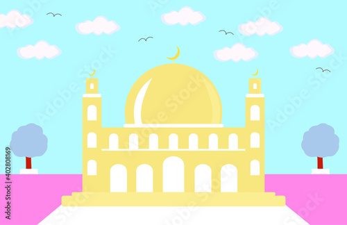 Beautifull Mosque, with cloud and bird. vector illustration on a blue background for ramadan theme. colorful picture © Montpielave
