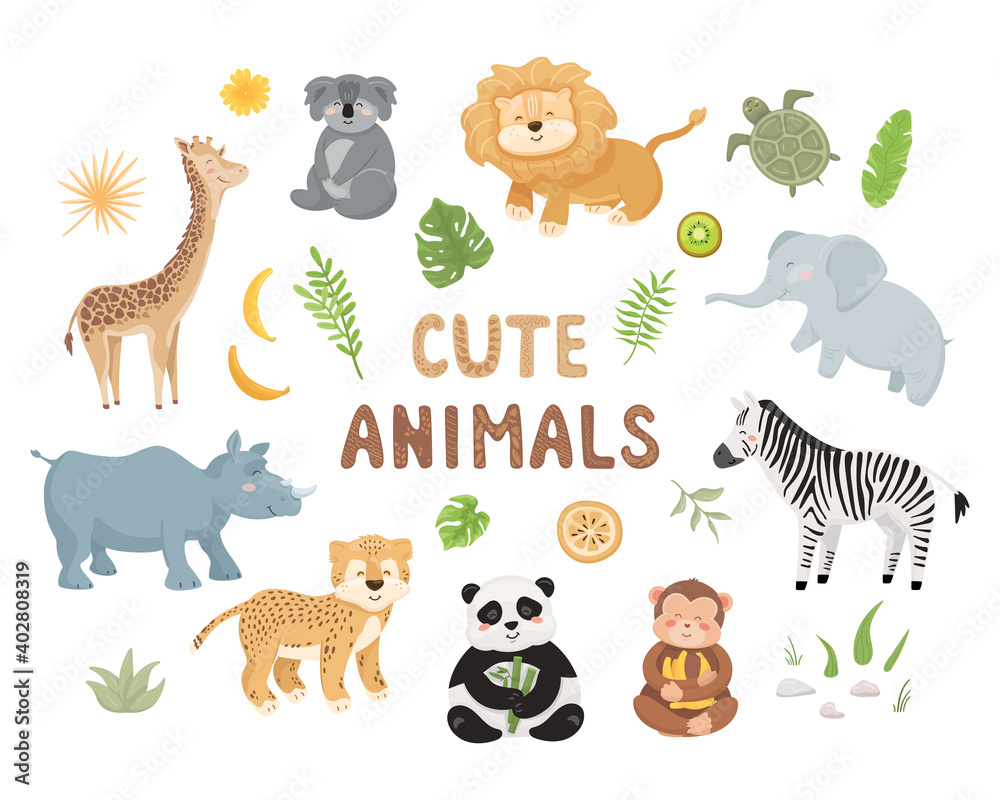 Obraz premium Cute wild baby animals set. Vector illustrations, design concept. Jungle leaves, tropical fruits, plants isolated on white background. Big collection of zoo characters in cartoon style. 