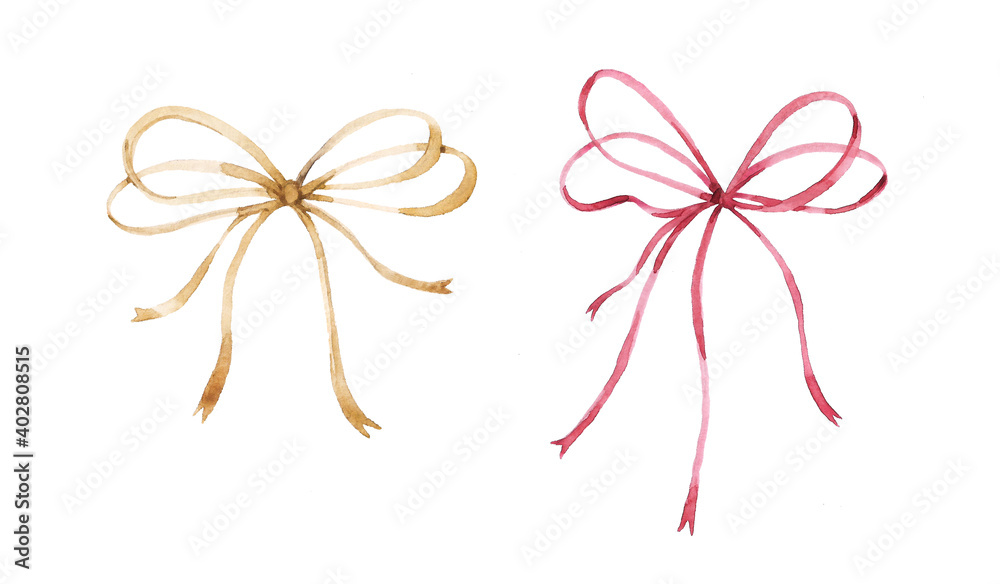 Set of graceful watercolor satin ribbon bows. Gold and pink. Set of graceful watercolor satin ribbon bows. Gold and pink.
