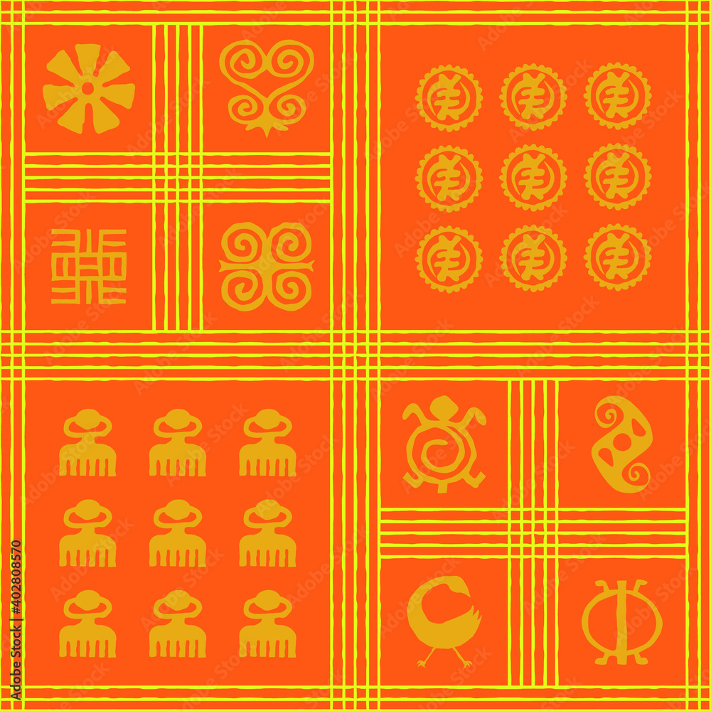 Seamless vector authentic fabric pattern with african adinkra symbols for your project Seamless vector authentic fabric pattern with african adinkra symbols for your project